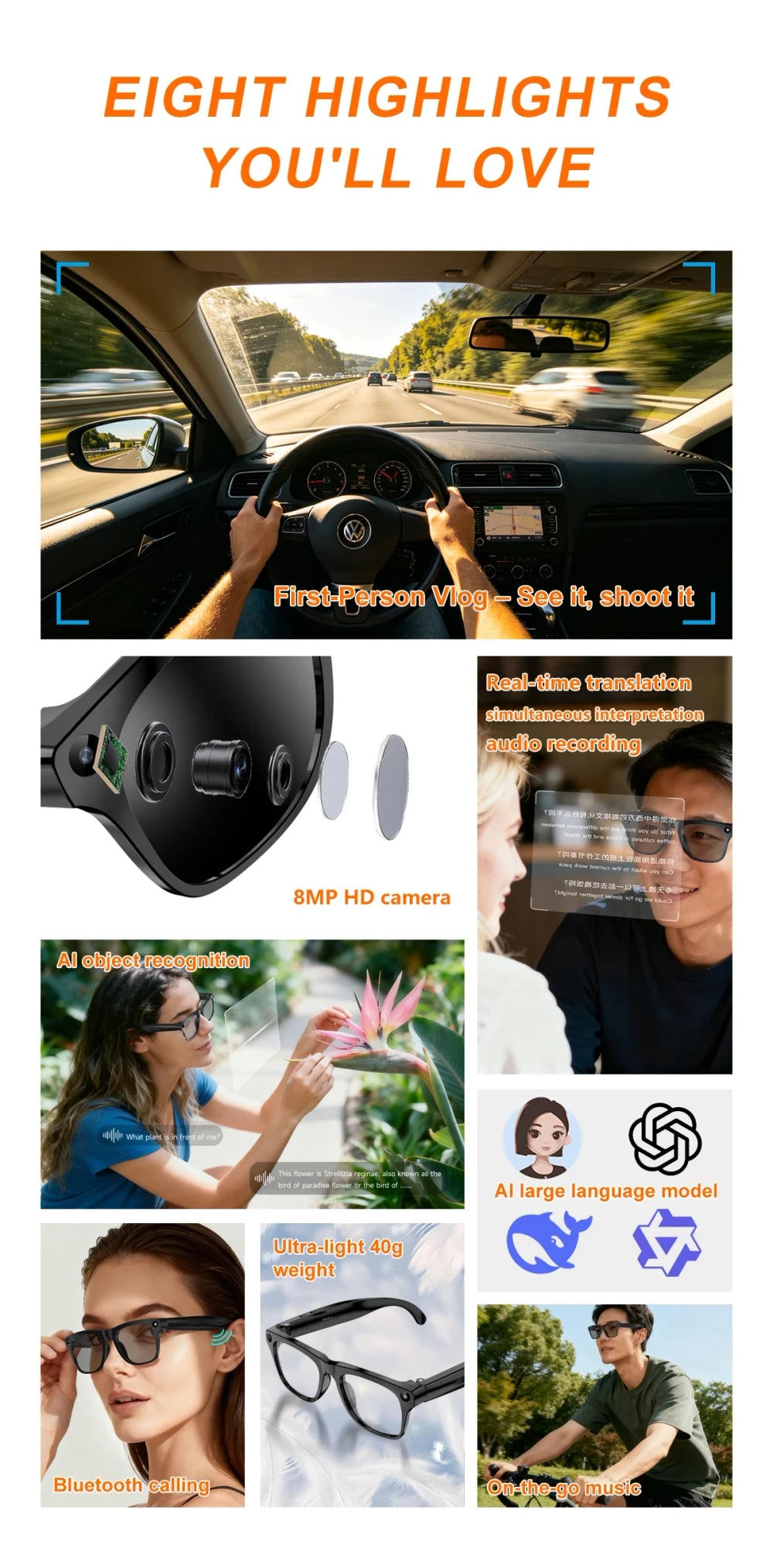 Gafas Inteligentes con IA, Cámara y Bluetooth.